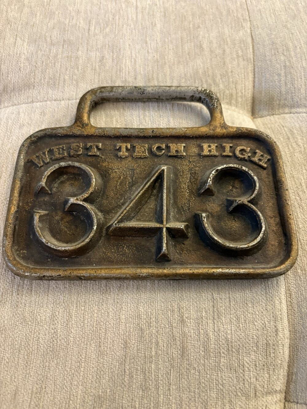 Antique West Tech High School Cast Iron Locker Plate 343 Cleveland Ohio WTH